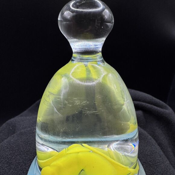 Joe St. Claire Glass Paperweight Bell Yellow and Light Blue Flowers - Picture 3 of 10
